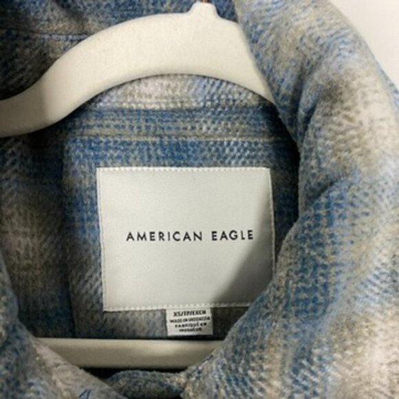 American Eagle Oversized Flannel Shacket Blue Plaid Jacket Coat Button Up - Picture 3 of 6
